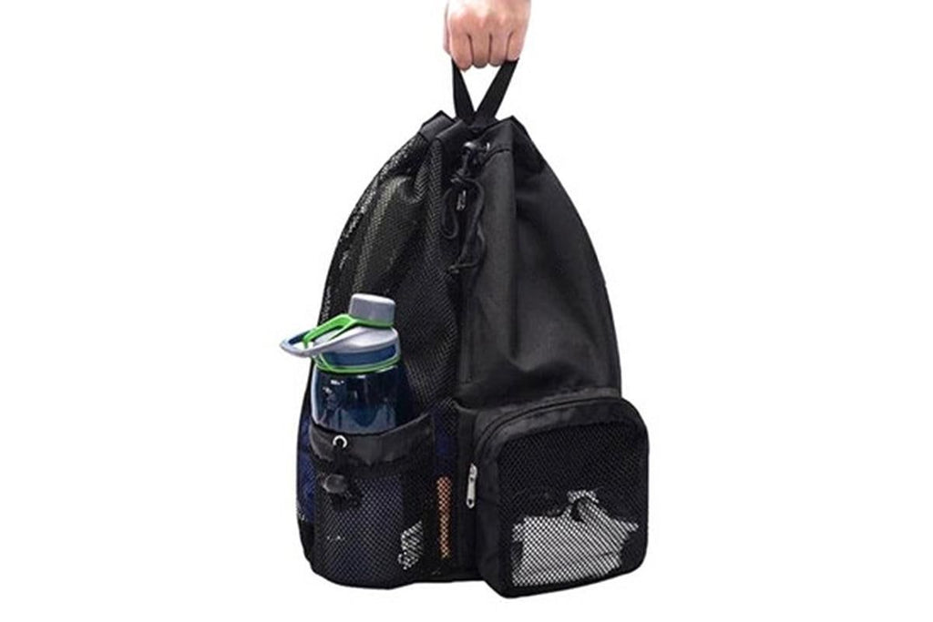 Mesh Beach Backpack with Wet Pocket Drawstring Waterproof Swimming Gym Bag for Men Women - Black