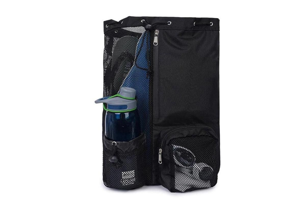 Mesh Beach Backpack with Wet Pocket Drawstring Waterproof Swimming Gym Bag for Men Women - Black