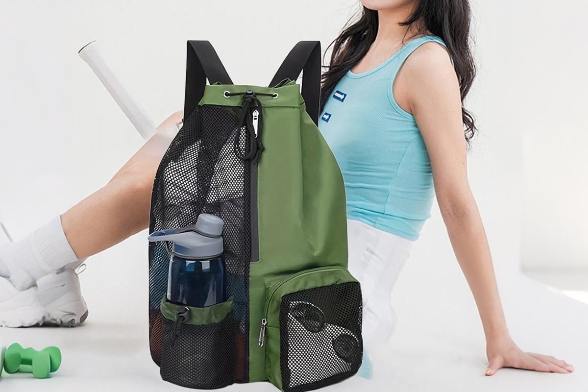 Mesh Beach Backpack with Wet Pocket Drawstring Waterproof Swimming Gym Bag for Men Women - Green