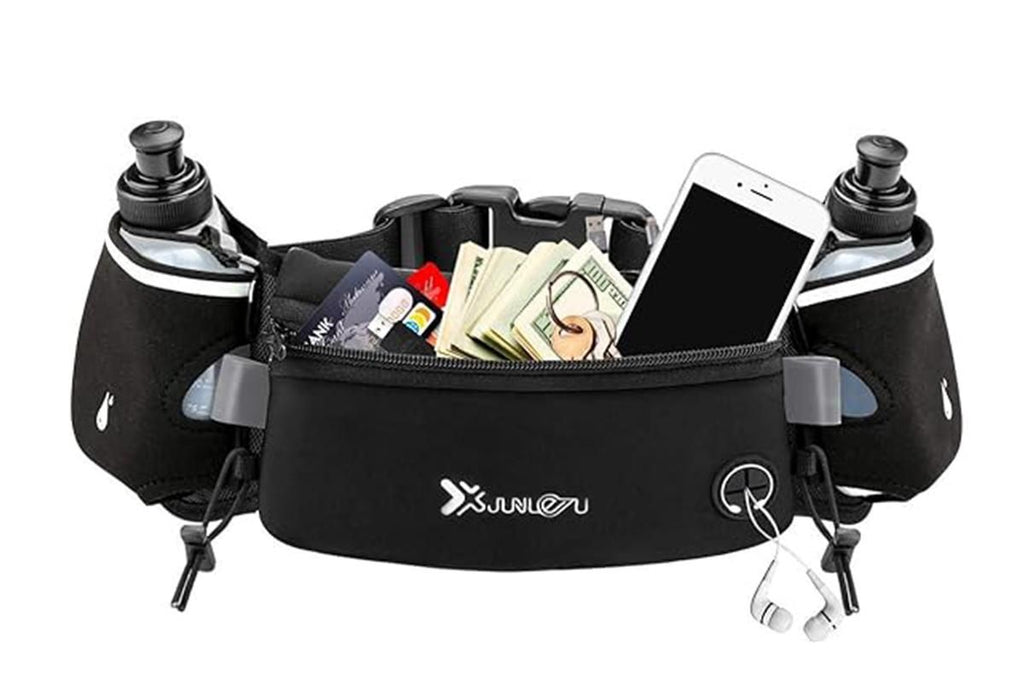 Hydration Running Belt with 2 Water Bottles and Phone Pouch for Marathon Hiking - Black