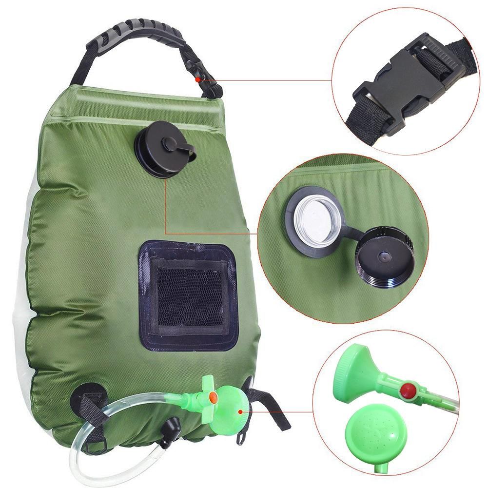 20L Camp Shower Bag Solar Heat Water Pipe Portable Camping Hiking Travel Outdoor - Black