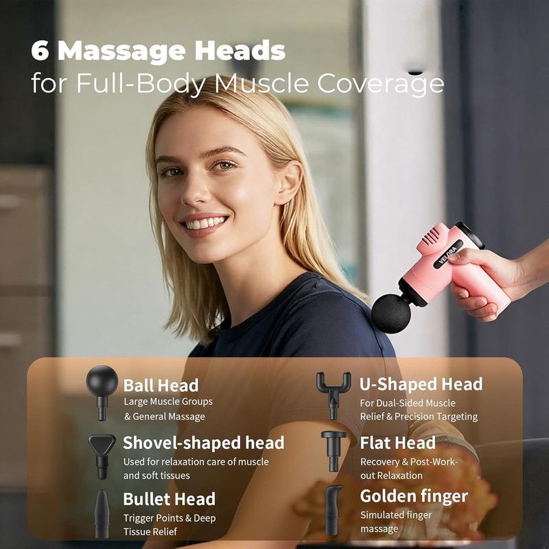 VELORA Mini Massage Gun - Deep Tissue Percussion Massager for Neck Back Shoulder Leg Foot - 6 Heads USB-C Rechargeable - Grey