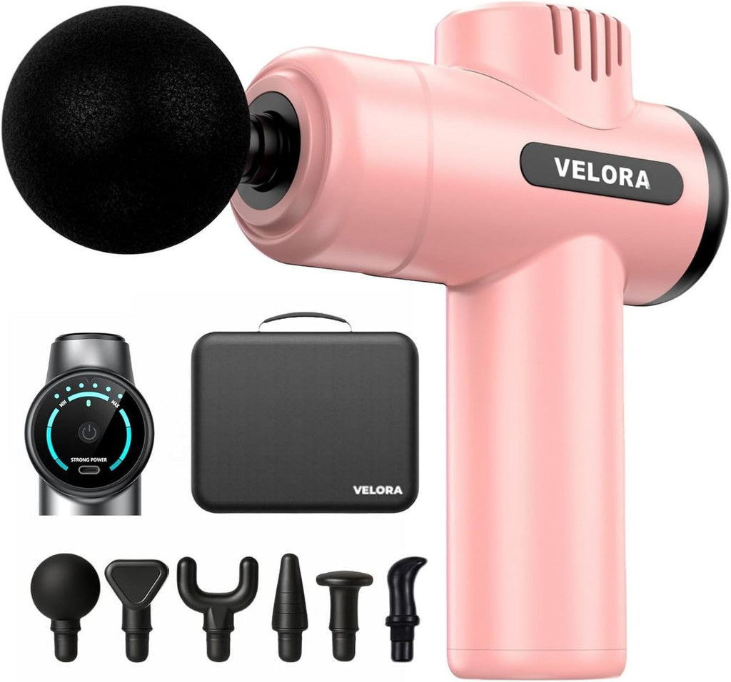 VELORA Mini Massage Gun - Deep Tissue Percussion Massager for Neck Back Shoulder Leg Foot - 6 Heads USB-C Rechargeable - Grey