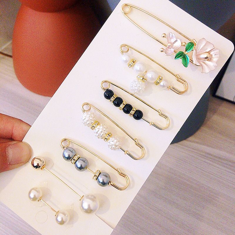WSD Pearl Waist Pin Flower Brooch Unisex 6-piece waist-closing needle set C