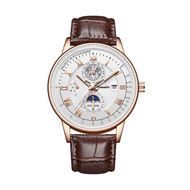 Carmoudi Men's Quartz Watch 40mm Genuine Leather 109 Brown Rose Shell Black Face