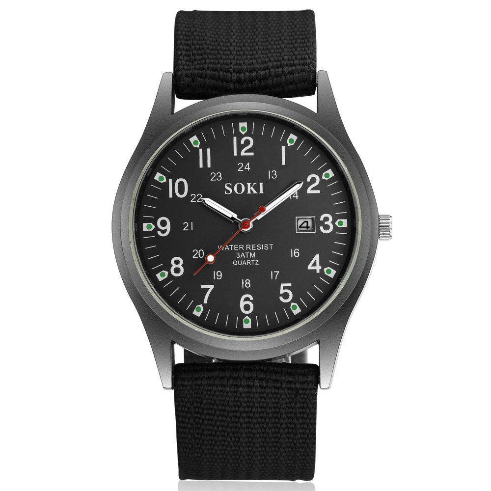 Men Canvas Watch Quartz Calendar Military Green Black
