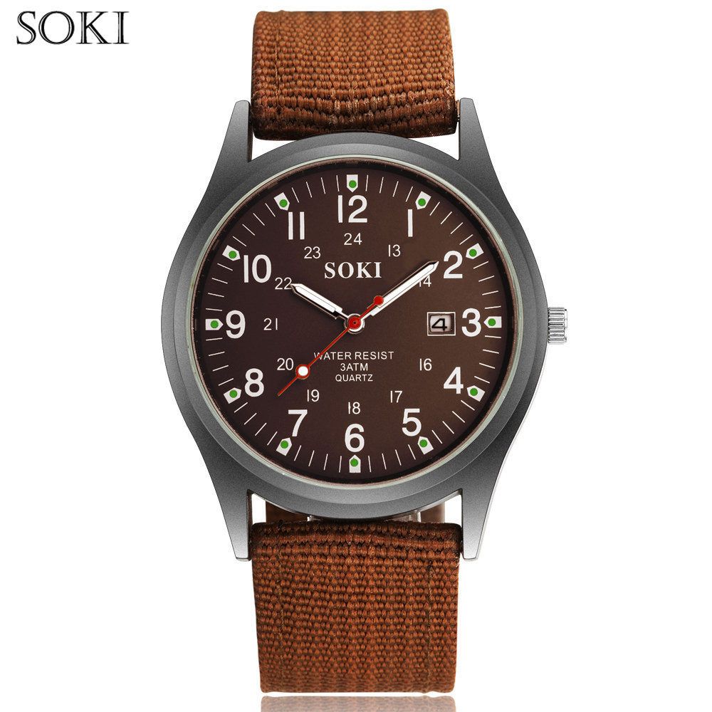 Men Canvas Watch Quartz Calendar Military Green Black