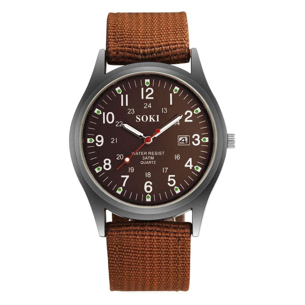 Men Canvas Watch Quartz Calendar Military Green Brown