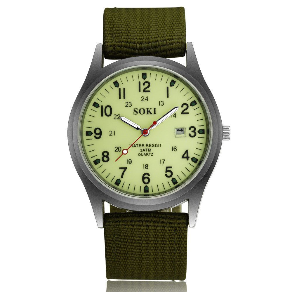 Men Canvas Watch Quartz Calendar Military Green silver light green