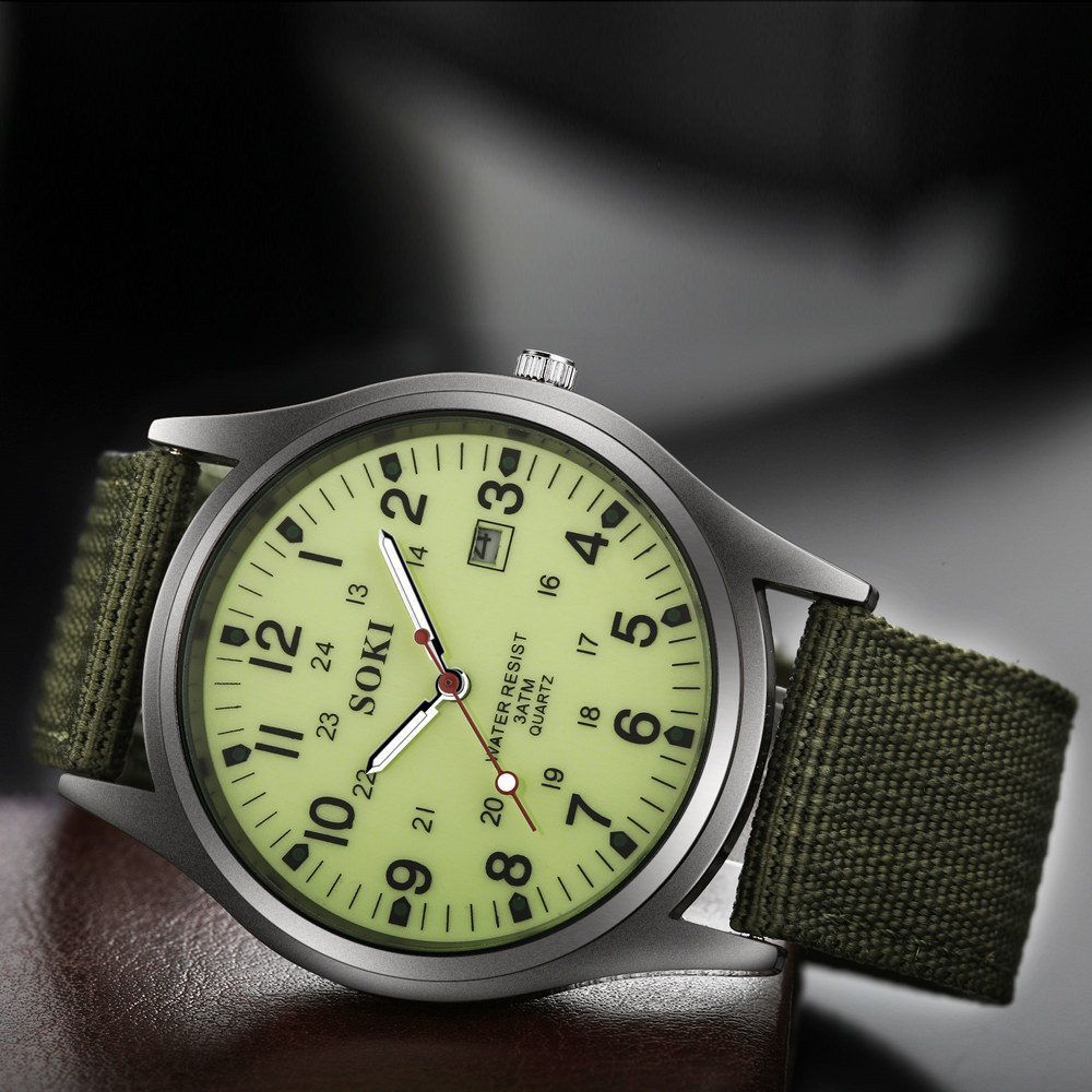 Men Canvas Watch Quartz Calendar Military Green silver light green