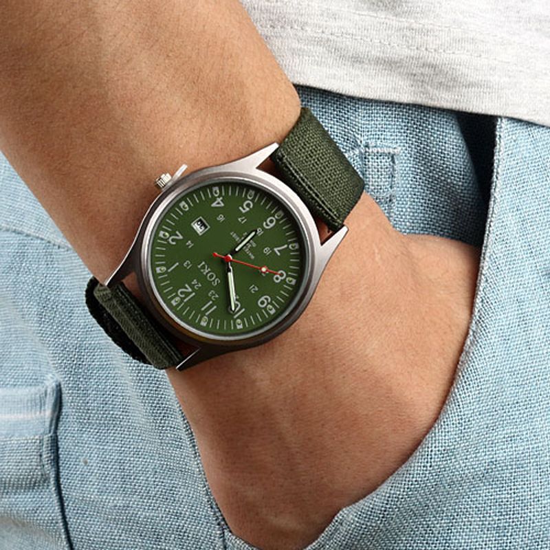 Men Canvas Watch Quartz Calendar Military Green silver light green