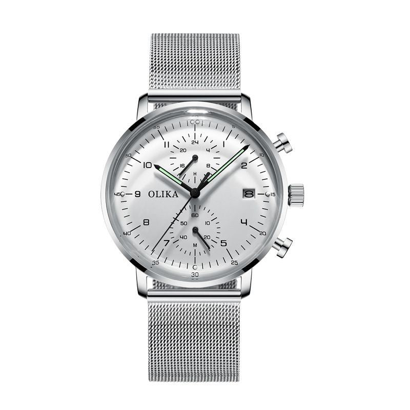 men's watch, ultra-thin watch, leather strap watch, luminous watch, waterproof watch, date calendar watch, curved glass watch, casual sports watch, OLIKA watch, men's fashion watch - Stainless steel with a white face - Size Man