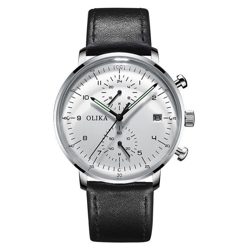 men's watch, ultra-thin watch, leather strap watch, luminous watch, waterproof watch, date calendar watch, curved glass watch, casual sports watch, OLIKA watch, men's fashion watch - Stainless steel with a white face - Size Man