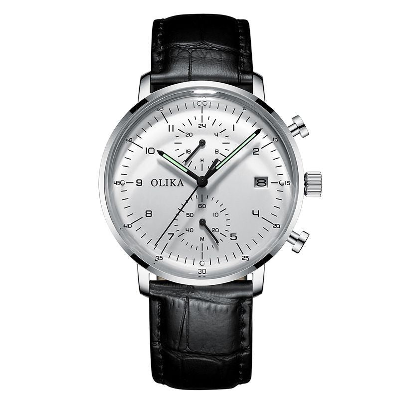 men's watch, ultra-thin watch, leather strap watch, luminous watch, waterproof watch, date calendar watch, curved glass watch, casual sports watch, OLIKA watch, men's fashion watch - Stainless steel with a white face - Size Man