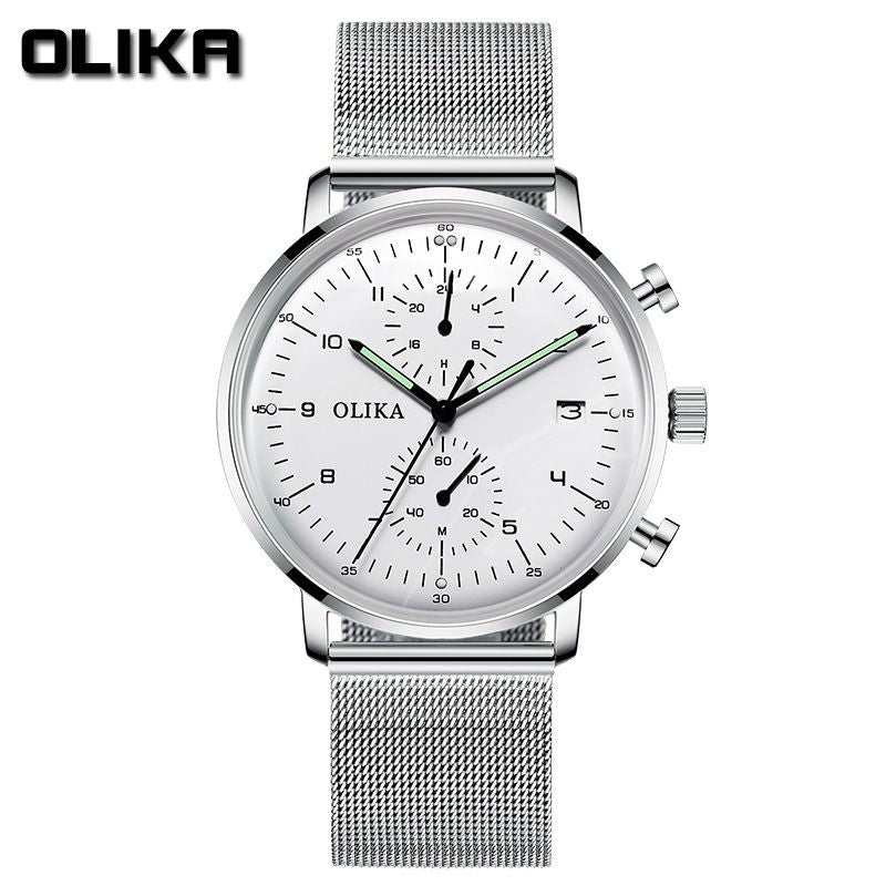 men's watch, ultra-thin watch, leather strap watch, luminous watch, waterproof watch, date calendar watch, curved glass watch, casual sports watch, OLIKA watch, men's fashion watch - Stainless steel with a white face - Size Man
