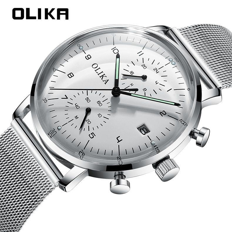 men's watch, ultra-thin watch, leather strap watch, luminous watch, waterproof watch, date calendar watch, curved glass watch, casual sports watch, OLIKA watch, men's fashion watch - Stainless steel with a white face - Size Man