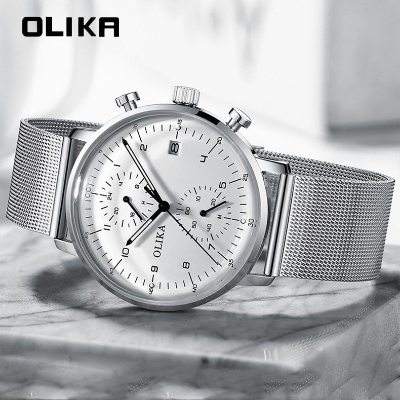 men's watch, ultra-thin watch, leather strap watch, luminous watch, waterproof watch, date calendar watch, curved glass watch, casual sports watch, OLIKA watch, men's fashion watch - Stainless steel with a white face - Size Man