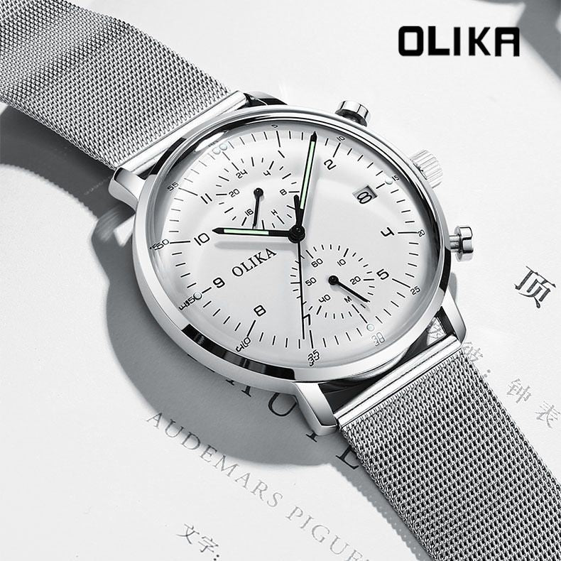 men's watch, ultra-thin watch, leather strap watch, luminous watch, waterproof watch, date calendar watch, curved glass watch, casual sports watch, OLIKA watch, men's fashion watch - Stainless steel with a white face - Size Man