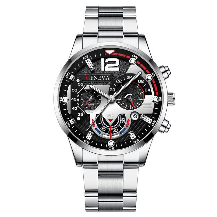 men's watch, Geneva calendar watch, stainless steel watch, business watch for men, Australian men's fashion, dress watch, formal watch, calendar wristwatch, Australian men's accessories - Black - Size 2