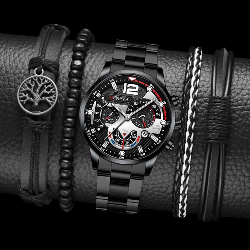 men's watch, Geneva calendar watch, stainless steel watch, business watch for men, Australian men's fashion, dress watch, formal watch, calendar wristwatch, Australian men's accessories - Black - Size 2
