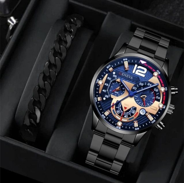 men's watch, Geneva calendar watch, stainless steel watch, business watch for men, Australian men's fashion, dress watch, formal watch, calendar wristwatch, Australian men's accessories - Black - Size 2