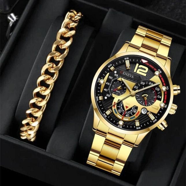 men's watch, Geneva calendar watch, stainless steel watch, business watch for men, Australian men's fashion, dress watch, formal watch, calendar wristwatch, Australian men's accessories - Black - Size 2