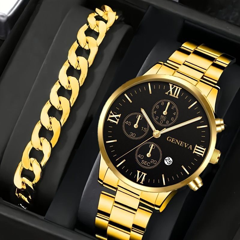 men's watch, Geneva calendar watch, stainless steel watch, business watch for men, Australian men's fashion, dress watch, formal watch, calendar wristwatch, Australian men's accessories - Black - Size 2