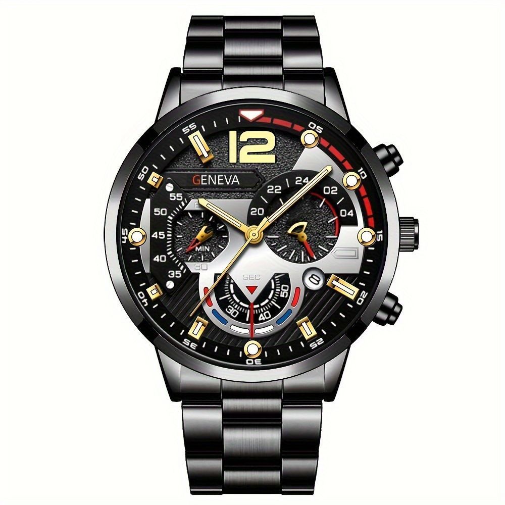 men's watch, Geneva calendar watch, stainless steel watch, business watch for men, Australian men's fashion, dress watch, formal watch, calendar wristwatch, Australian men's accessories - Black - Size 2