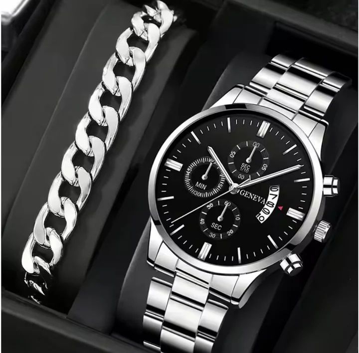 men's watch, Geneva calendar watch, stainless steel watch, business watch for men, Australian men's fashion, dress watch, formal watch, calendar wristwatch, Australian men's accessories - Black - Size 4