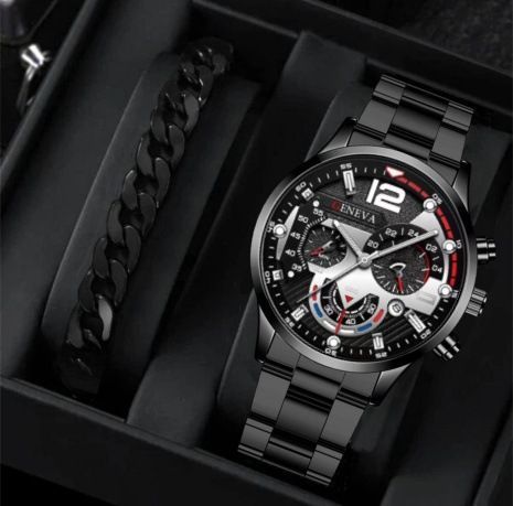 men's watch, Geneva calendar watch, stainless steel watch, business watch for men, Australian men's fashion, dress watch, formal watch, calendar wristwatch, Australian men's accessories - Black - Size 4