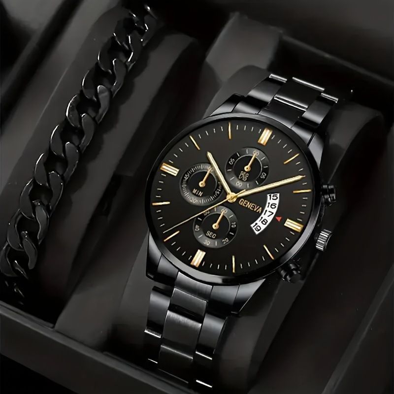men's watch, Geneva calendar watch, stainless steel watch, business watch for men, Australian men's fashion, dress watch, formal watch, calendar wristwatch, Australian men's accessories - Black - Size 7