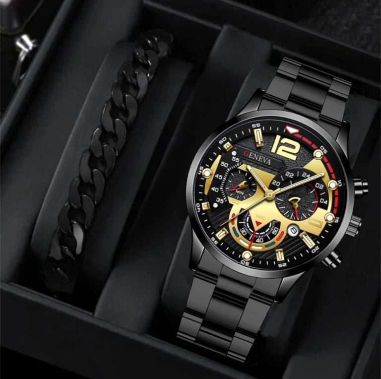 men's watch, Geneva calendar watch, stainless steel watch, business watch for men, Australian men's fashion, dress watch, formal watch, calendar wristwatch, Australian men's accessories - Black - Size 9