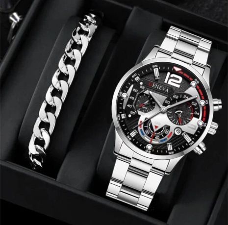 men's watch, Geneva calendar watch, stainless steel watch, business watch for men, Australian men's fashion, dress watch, formal watch, calendar wristwatch, Australian men's accessories - Black - Size 9
