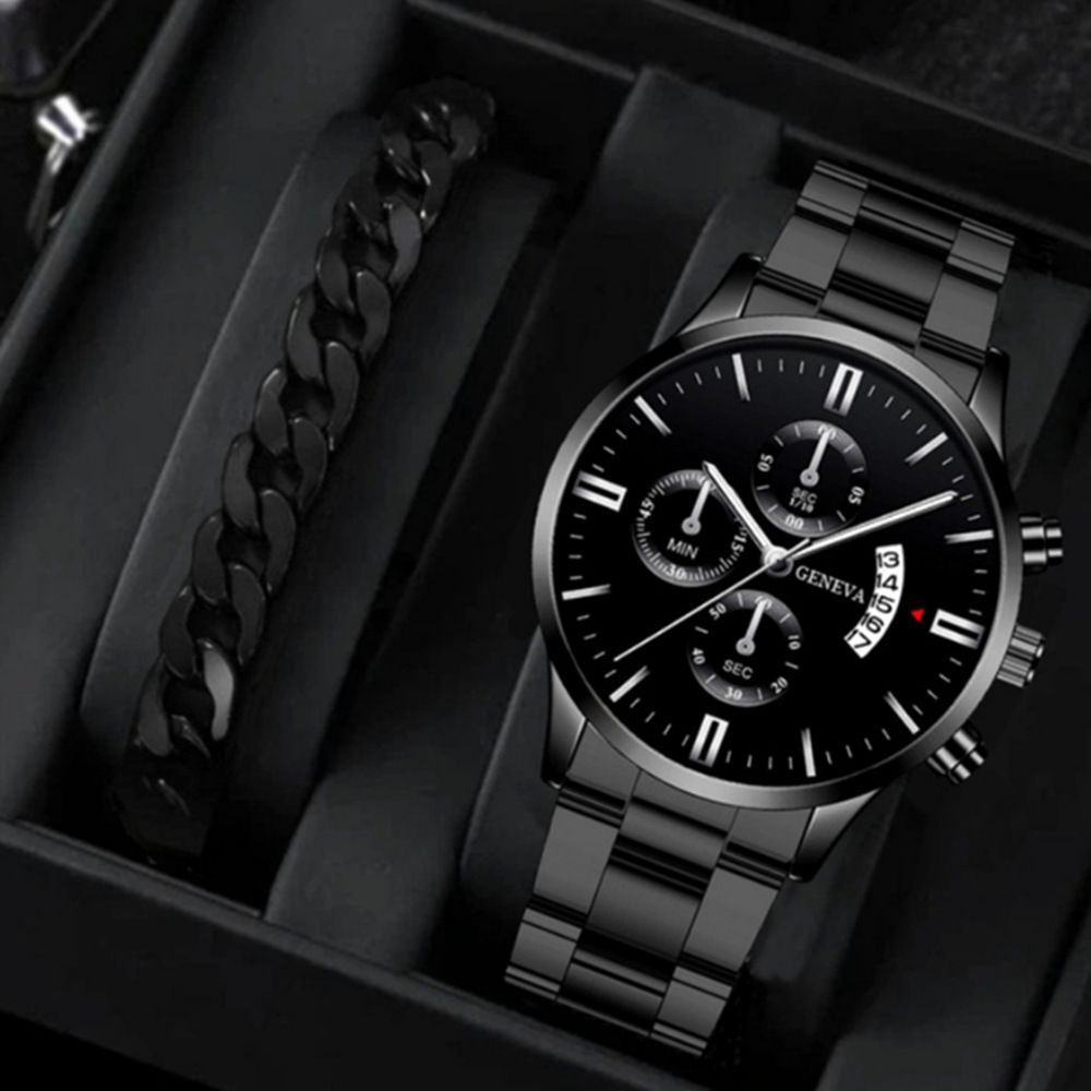 men's watch, Geneva calendar watch, stainless steel watch, business watch for men, Australian men's fashion, dress watch, formal watch, calendar wristwatch, Australian men's accessories - Black - Size 9