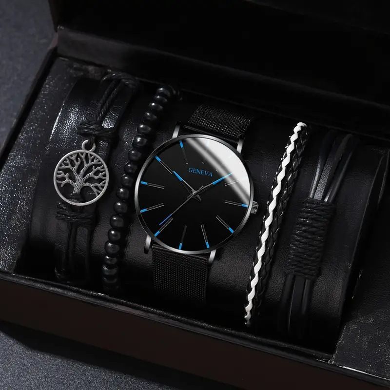 men's bracelet watch set, single calendar watch, fake three eye watch, canvas quartz watch, PU bracelet, men's fashion accessory, gift for men, Australian men's watch - Black - Size 2