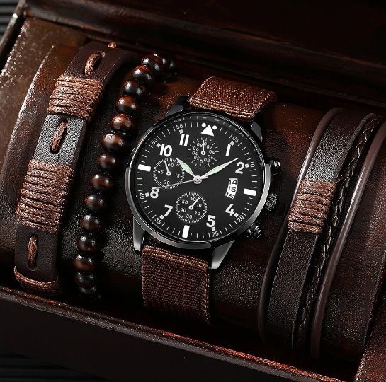 men's bracelet watch set, single calendar watch, fake three eye watch, canvas quartz watch, PU bracelet, men's fashion accessory, gift for men, Australian men's watch - Black - Size 2