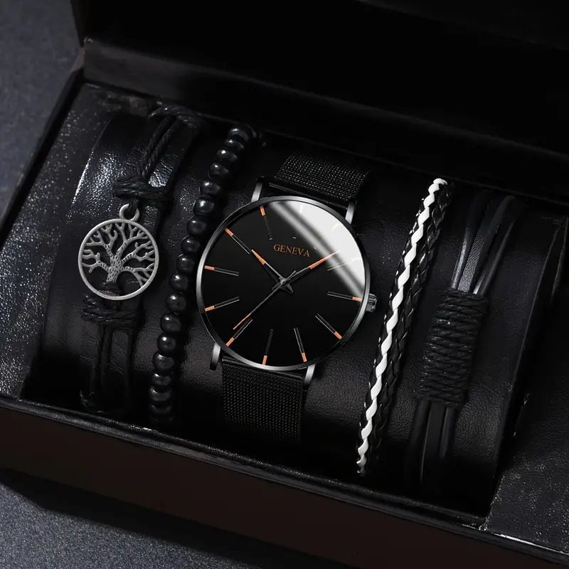men's bracelet watch set, single calendar watch, fake three eye watch, canvas quartz watch, PU bracelet, men's fashion accessory, gift for men, Australian men's watch - Black - Size 2