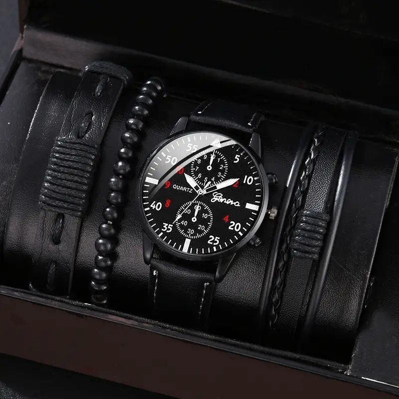 men's bracelet watch set, single calendar watch, fake three eye watch, canvas quartz watch, PU bracelet, men's fashion accessory, gift for men, Australian men's watch - Black - Size 2