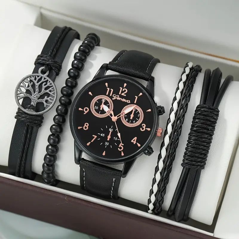 men's bracelet watch set, single calendar watch, fake three eye watch, canvas quartz watch, PU bracelet, men's fashion accessory, gift for men, Australian men's watch - Black - Size 2
