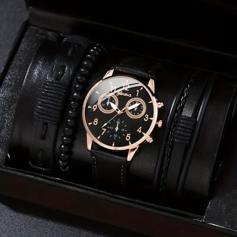 men's bracelet watch set, single calendar watch, fake three eye watch, canvas quartz watch, PU bracelet, men's fashion accessory, gift for men, Australian men's watch - Black - Size 7