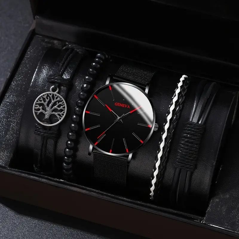 men's bracelet watch set, single calendar watch, fake three eye watch, canvas quartz watch, PU bracelet, men's fashion accessory, gift for men, Australian men's watch - Black - Size 7