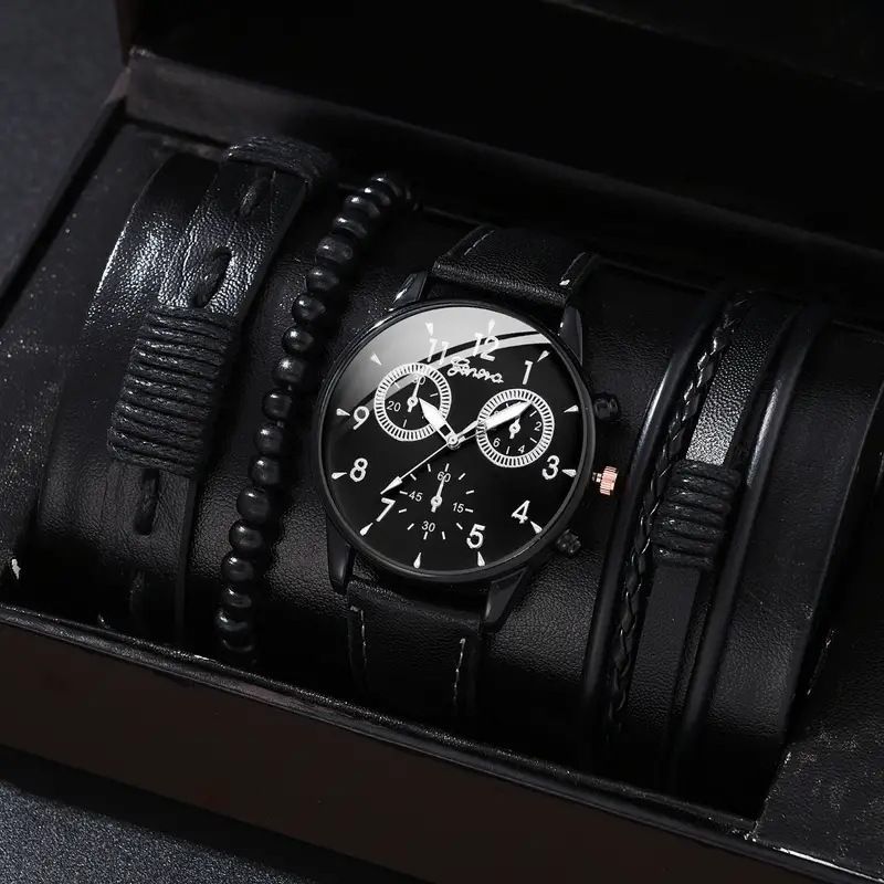 men's bracelet watch set, single calendar watch, fake three eye watch, canvas quartz watch, PU bracelet, men's fashion accessory, gift for men, Australian men's watch - Black - Size 7