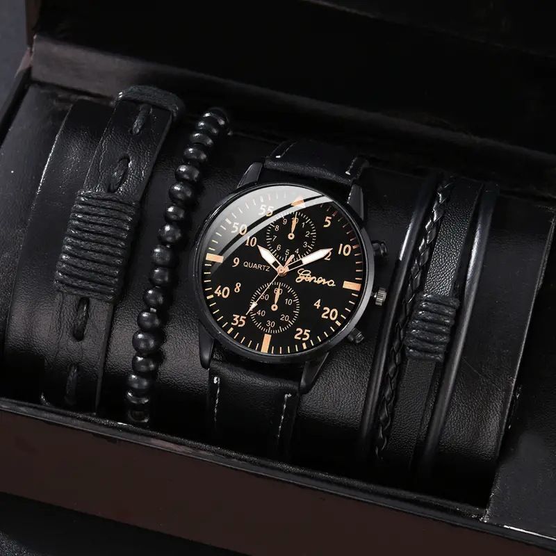 men's bracelet watch set, single calendar watch, fake three eye watch, canvas quartz watch, PU bracelet, men's fashion accessory, gift for men, Australian men's watch - Black - Size 8