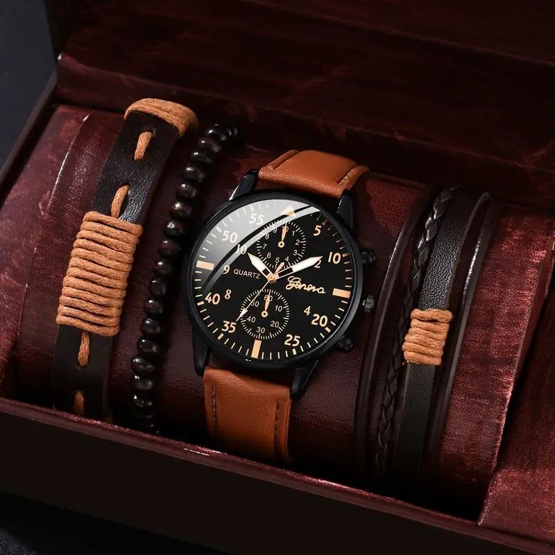 men's bracelet watch set, single calendar watch, fake three eye watch, canvas quartz watch, PU bracelet, men's fashion accessory, gift for men, Australian men's watch - Black - Size 8