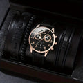 men's bracelet watch set, single calendar watch, fake three eye watch, canvas quartz watch, PU bracelet, men's fashion accessory, gift for men, Australian men's watch - Black - Size 9