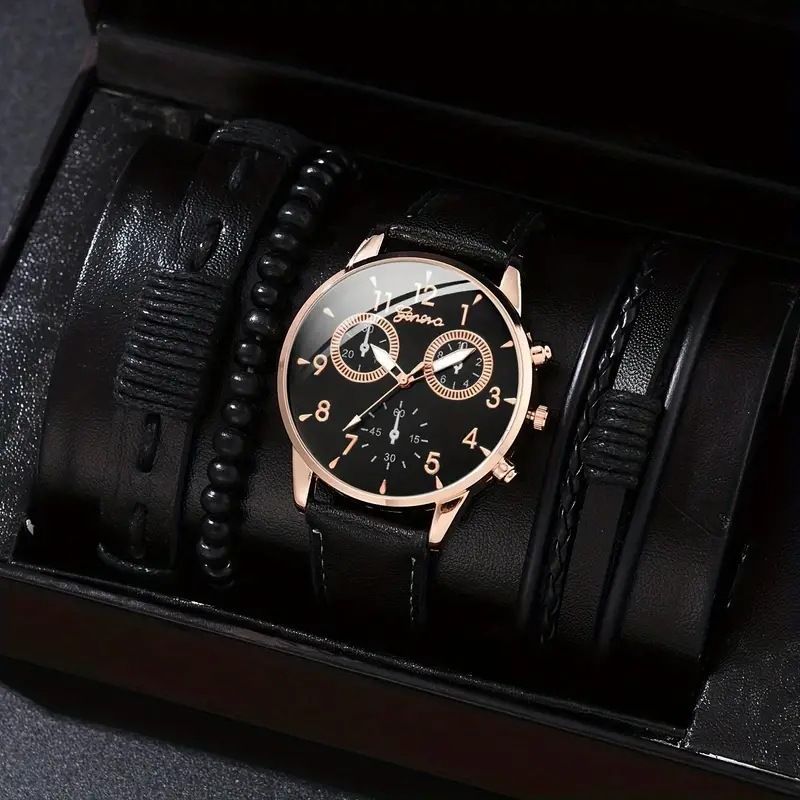 men's bracelet watch set, single calendar watch, fake three eye watch, canvas quartz watch, PU bracelet, men's fashion accessory, gift for men, Australian men's watch - Black - Size 9