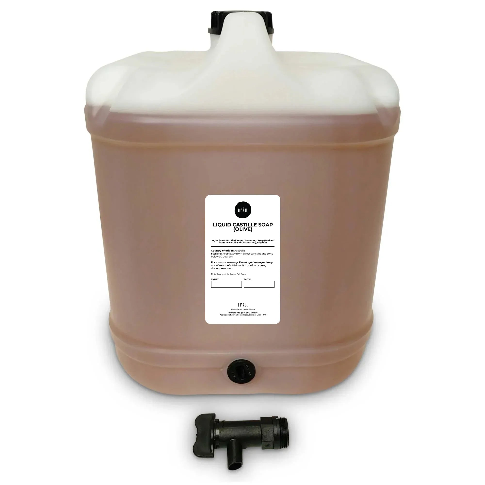 Orku 20L Liquid Castile Soap - Pure Unscented Natural Olive Oil Concentrate Bulk