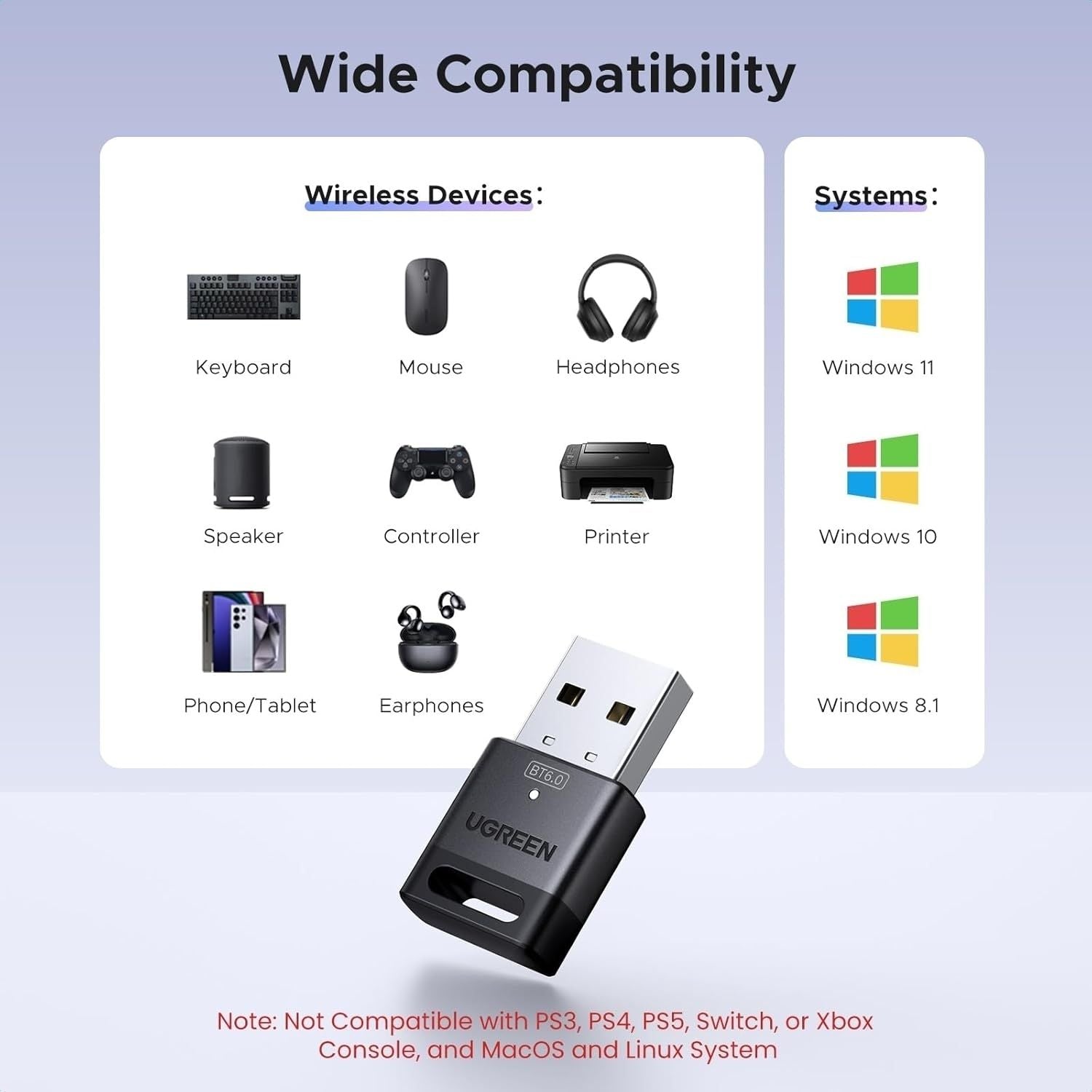 UGREEN 75073 Bluetooth 6.0 USB Dongle Adapter 20m Range, 5 Device Connection, Plug & Play for PC/Laptop