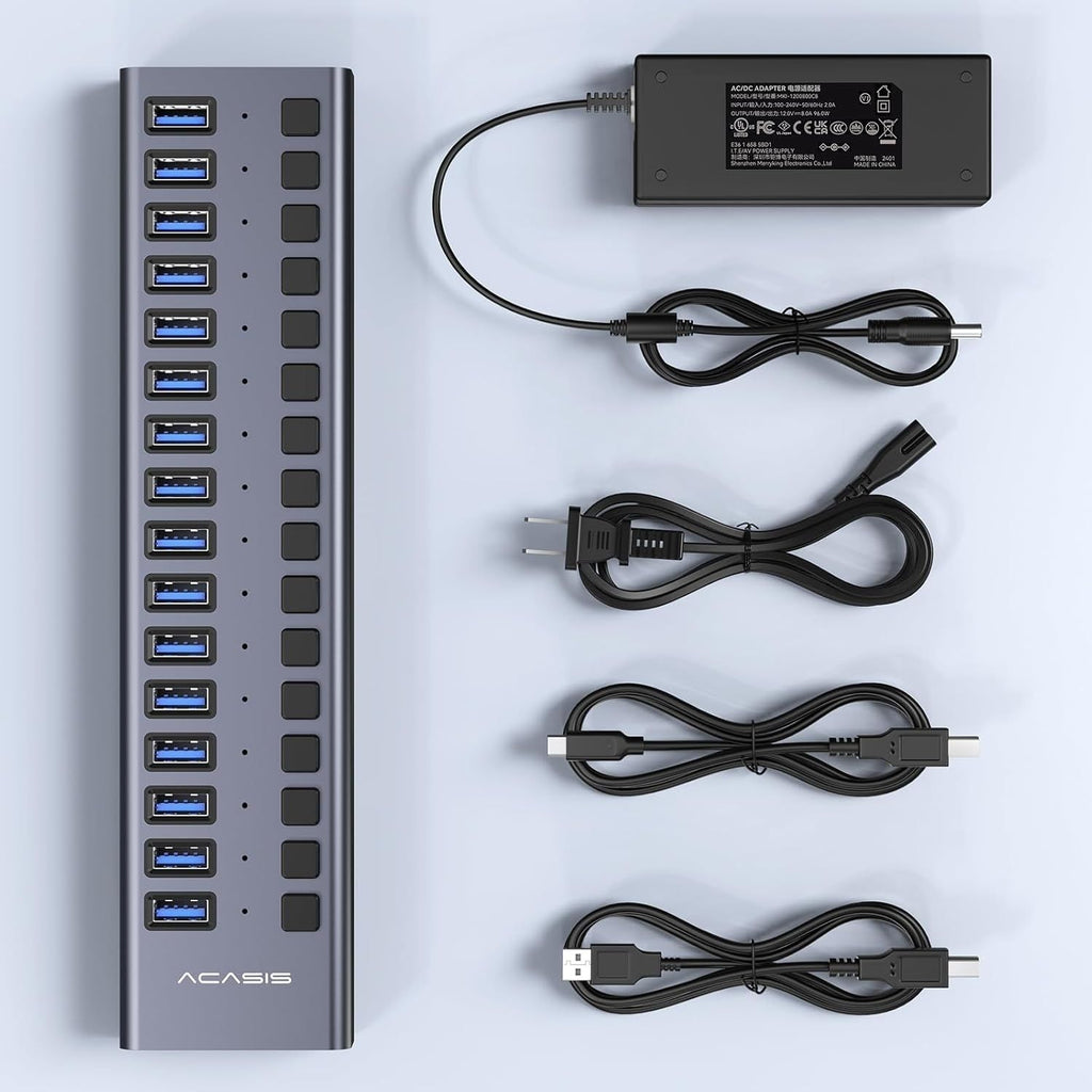 ACASIS HS-716MG USB 3.2 Gen2 10Gbps 12V/8A 16 Port USB-A + On/Off Switch with AC Power Adapter for PC & Laptop