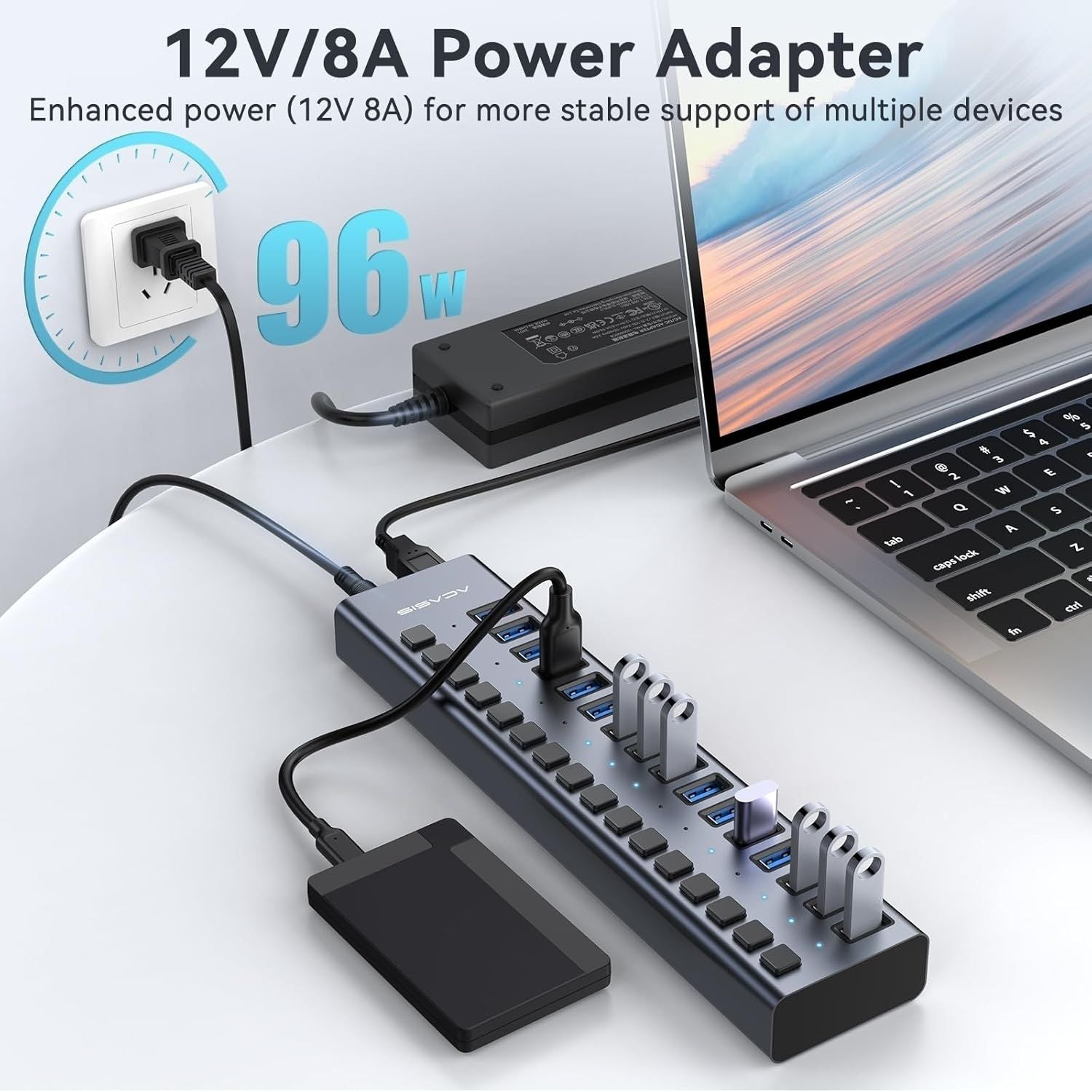 ACASIS HS-716MG USB 3.2 Gen2 10Gbps 12V/8A 16 Port USB-A + On/Off Switch with AC Power Adapter for PC & Laptop